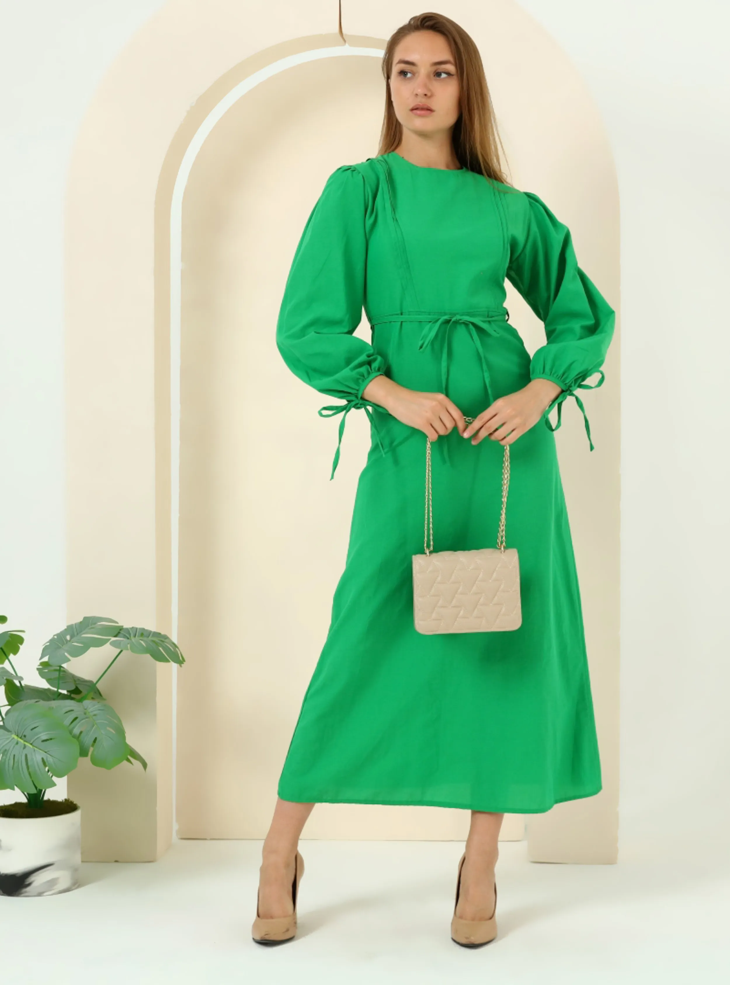 Green - Crew neck - Modest Dress
