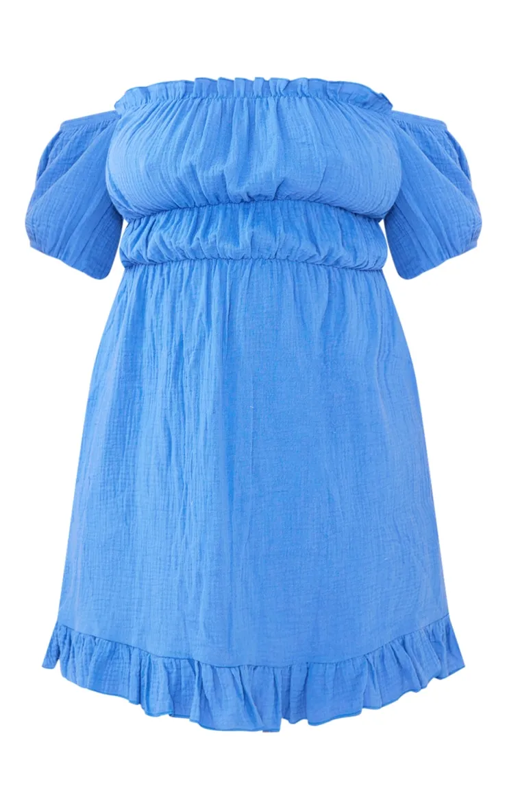 Plus Robe droite en étamine bleu vif à manches bouffantes