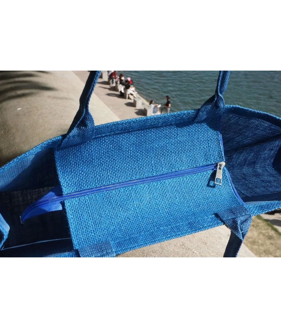 SANTAÏA cabas bleu motif bandana blanc aspect jute idéal ville plage