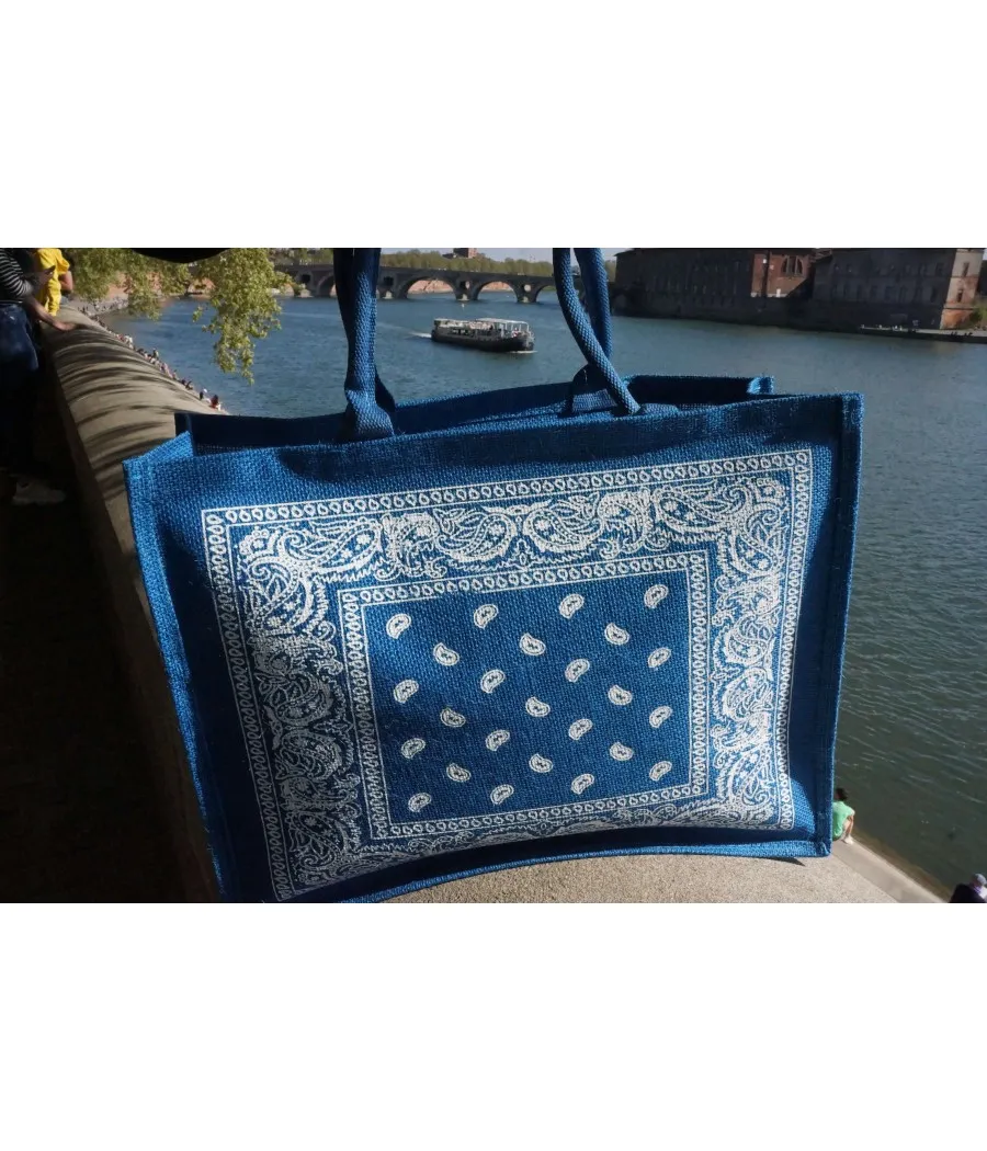 SANTAÏA cabas bleu motif bandana blanc aspect jute idéal ville plage